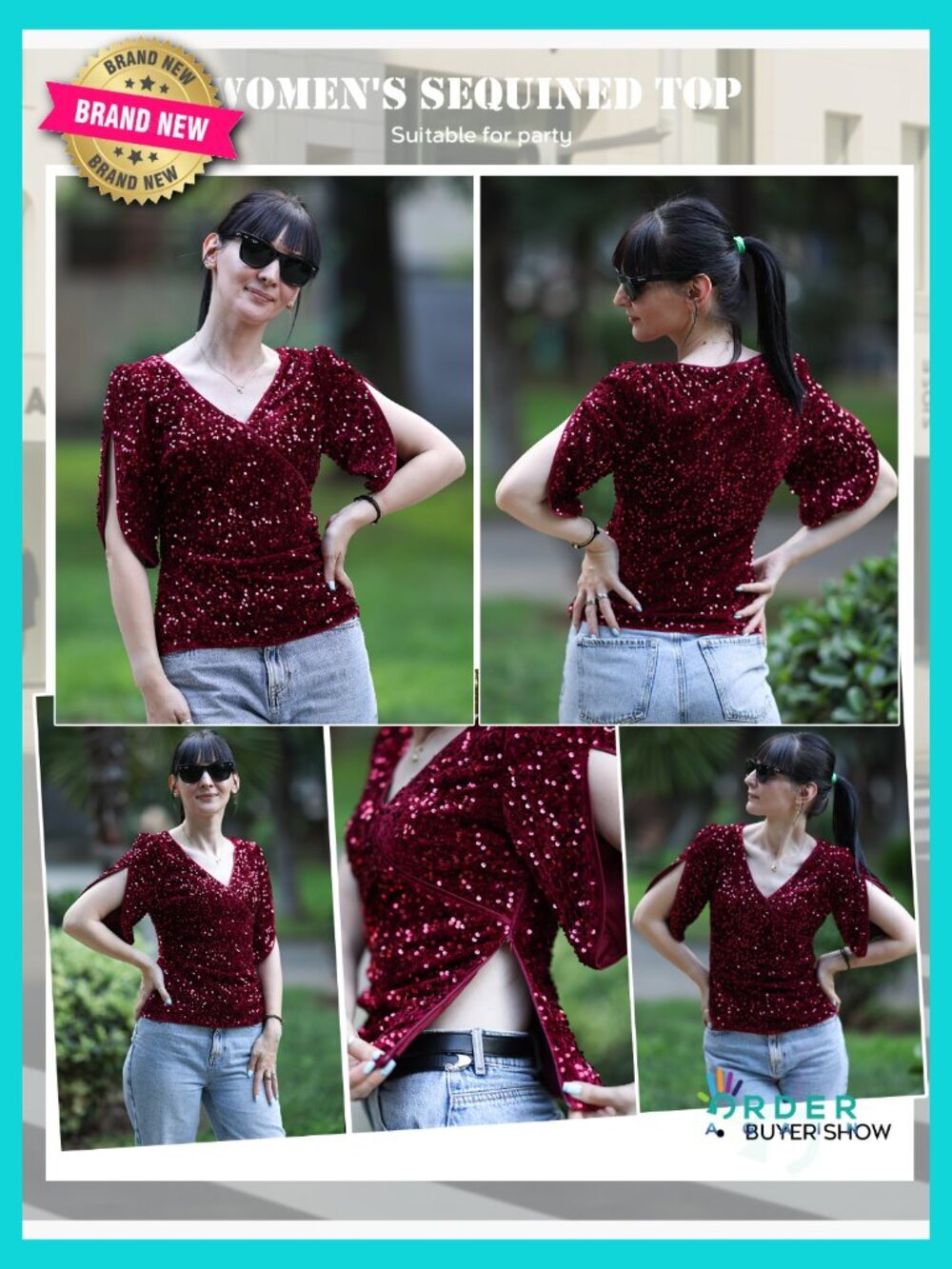 V Neck Velvet Sequin Blouse 3/4 Sleeve Ruched Party Top Dressy Sparkly - Picture 7 of 7